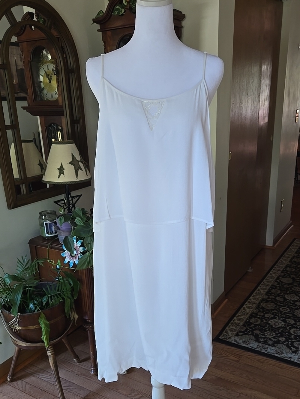 Attention Women's White Layered Spaghetti strap Dress with Lace Accent Size L/G